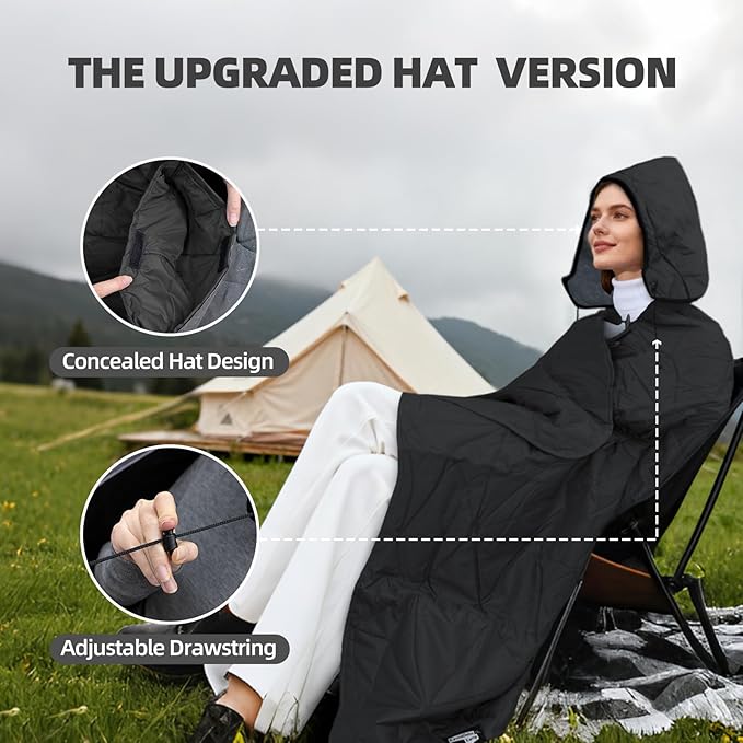 Outdoor Waterproof Blanket, Foldable Fleece Stadium Blanket for Outdoor Sports Event, Camping, Car, Pet, Picnics - Windproof, Wearable, Machine Washable 80" x 58" (Black Gray,Hooded)