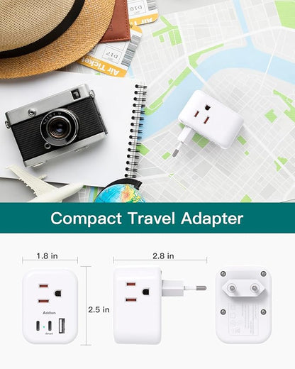 3 Pack European Travel Plug Adapter, Addtam US to Europe Plug Adapter with 3 Outlets 3 USB Charger (2 USB C Port), Type C Power Adaptor to Italy Spain France Portugal Iceland