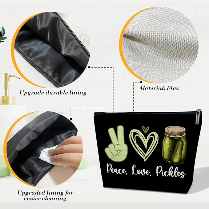 Pickle Lover Gift for Women Makeup Bag, Peace Love Pickles, Pickle Gifts for Women, Funny Birthday Gift for Sister, Teen,Bestie,Daughter, Niece, Pickle Makeup Travel Toiletry Bag