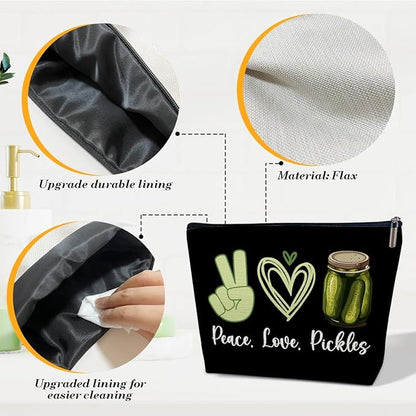 Pickle Lover Gift for Women Makeup Bag, Peace Love Pickles, Pickle Gifts for Women, Funny Birthday Gift for Sister, Teen,Bestie,Daughter, Niece, Pickle Makeup Travel Toiletry Bag