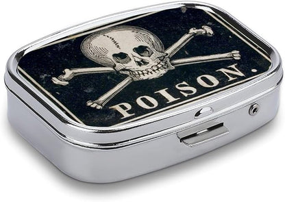 Metal 2 Compartment Pill Organizer Travel Friendly Portable Compact Pill Box Cute Pill Case to Hold Vitamins,Fish Oil,Supplements,Meds,Tablet for Purse,Pocket. (A Skeleton with a Black Background)