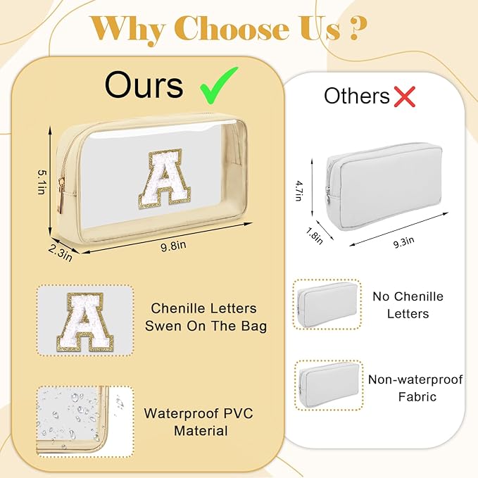 Personalized Initial Letter Clear Makeup Bag,Preppy Small Nylon&PVC Cosmetic Zipper Bag with Chenille Letter,Portable Beach Travel Skincare Toiletry Bag,Trendy Monogram Gift for Teen Girls Women,U