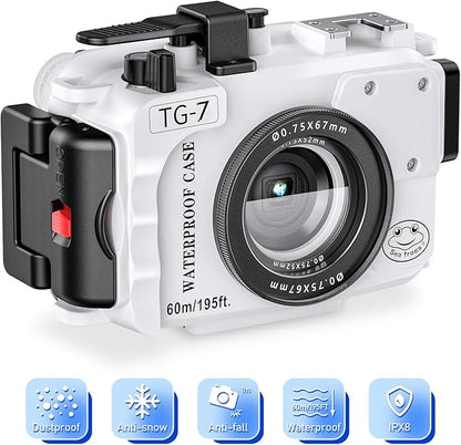 Sea frogs Camera Housing Compatible with Olympus TG7, with Red Filter, Waterproof IPX8 Rated, 60m/197ft Depth Protection Underwater Camera Case, White