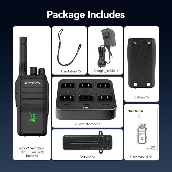 Retevis RT21H 2 Way Radio Long Range, Walkie Talkies for Adults, Hidden Display, Heavy Duty Rechargeable Two Way Radios with Six-Way Charger, for Manufacturing Education Security(6 Pack)