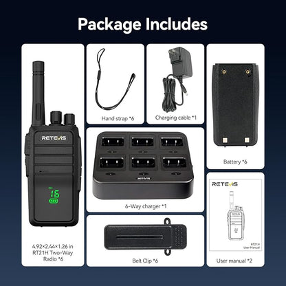 Retevis RT21H 2 Way Radio Long Range, Walkie Talkies for Adults, Hidden Display, Heavy Duty Rechargeable Two Way Radios with Six-Way Charger, for Manufacturing Education Security(6 Pack)