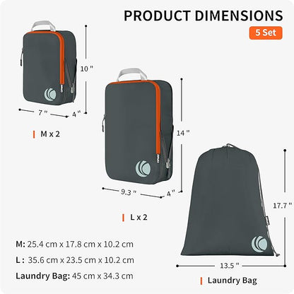 Cipway - 5 Set Compression Packing Cubes for Travel, Ultralight Packing Organizers for Luggage Suitcase & Backpack (Grey), L