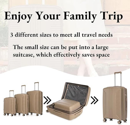 3-Piece PP Hard Shell Spinner Luggage Set (20" 24" 28") with Combination Lock, Adjustable Pull Rod Suitcases, Champagne