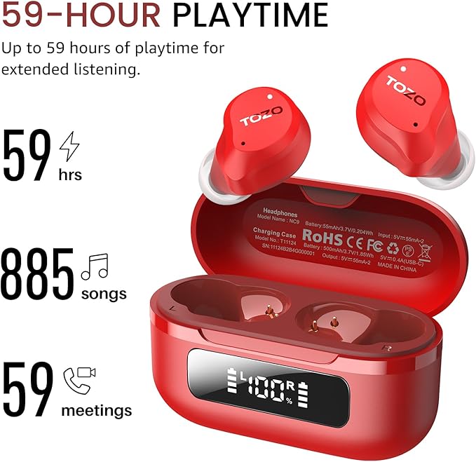 TOZO NC9 Hybrid Active Noise Cancelling Wireless Earbuds, 6 Mics ENC Clear Call, IPX8 Waterproof, in Ear Bluetooth 5.3 Headphones Stereo Bass Ear Buds 59H Playtime with LED Display 32 EQs via APP