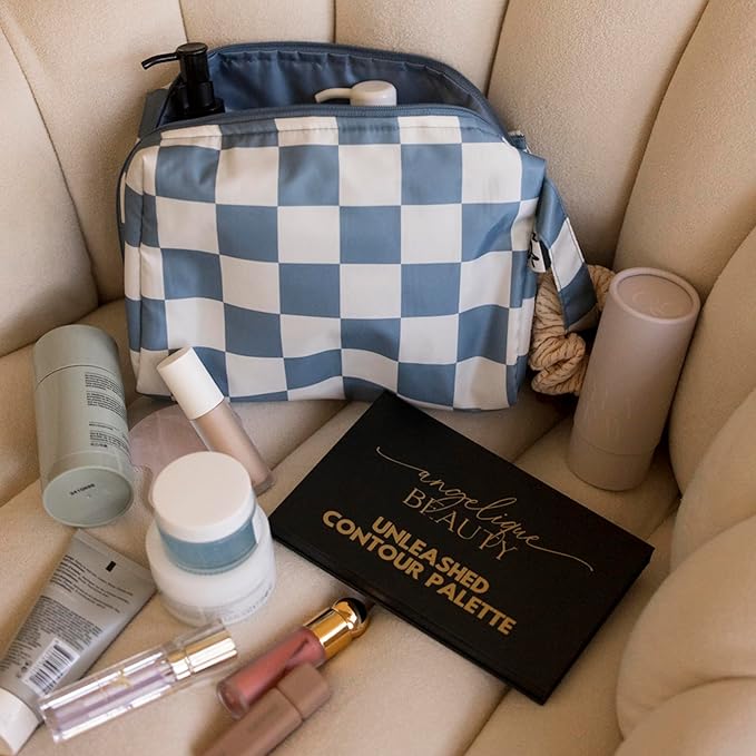 Tiny Twinkle Waterproof Travel Toiletry & Makeup Bag Organizer | Makeup Pouch with Multiple Compartments & Snap Handle for Travel | Gift for Teen Girls and Women（Blue Checkers