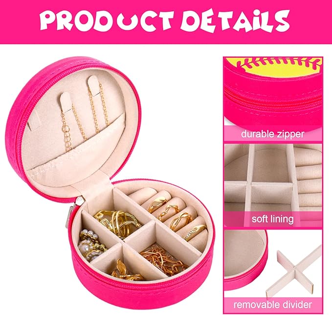 12Pcs Softball Mini Travel Jewelry Case Yellow Hot Pink Round Softball Jewelry Organizer Sport Portable Storage Box for Rings Earrings Necklaces
