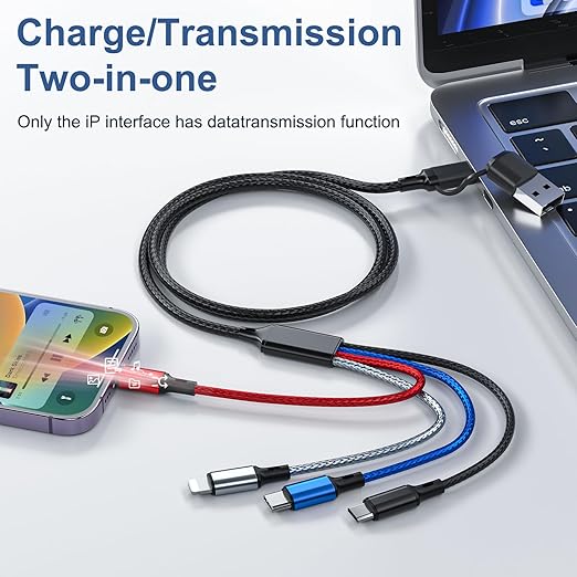 6 in 1 Multi Charging Cable 3Pack-6FT Multi USB Cable 3A Multi Charger Cable Braided Multiple Phone Charger Cable Universal USB A/C Charging Cord with 2*IP/Type C/Micro USB Port for Cell Phone/Tablets