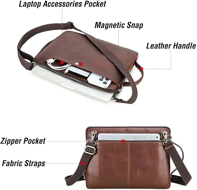 Top Grain Leather 14.2" Slim Laptop Bag Case, Handmade, Adjustable Strap & 2 Pockets, Compatible with MacBook Pro 14 inch 2021 2022 M1 Pro/M1 Max A2442 & Other PC, Red Coffee 14.2 Inch