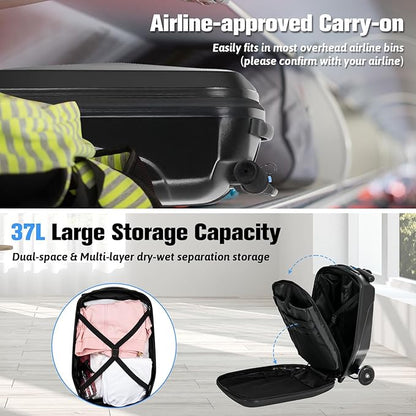 smilesun Scooter Luggage For Kids & Adults， Hardside Ride On Suitcase For Kids Ages 4-15 Multifunctional Lightweight Foldable Carry On Luggage With Wheels Ride On For Children Teenagers（Coal Black）
