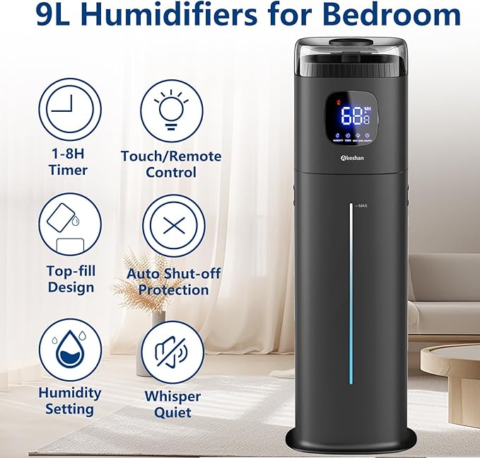 Large Humidifiers for Bedroom, 9L/2.5Gal Ultrasonic Cool Mist, Top Fill Easy Clean with 350ML/H Mist Speed, Quiet, Suitable for Kids Room Plant Yoga Office Study Room Living (Black, Square)