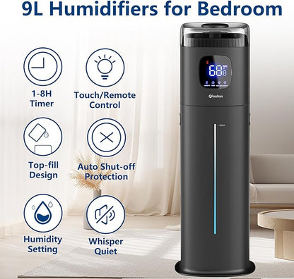 Large Humidifiers for Bedroom, 9L/2.5Gal Ultrasonic Cool Mist, Top Fill Easy Clean with 350ML/H Mist Speed, Quiet, Suitable for Kids Room Plant Yoga Office Study Room Living (Black, Square)