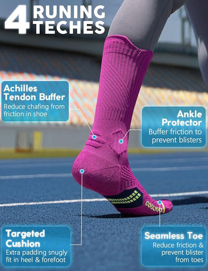 Womens Coolmax Bamboo Viscose Compression Running Crew Socks, Moisture-Wicking Anti-Blister Hiking&Gym Athletic