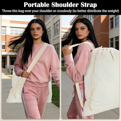 Canvas Laundry Bag with shoulder Strap 24" x 29", Large Drawstring Dirty Clothes Bag Washable Laundry Sack for College Dorm, Travel, Home, Camp (Beige)