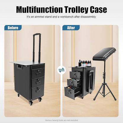 Rolling Makeup Train Case with Tattoo Armrest Stand, Tattoo Travel Case with 3 Drawers & Wheels, Portable Tattoo Station with Metal Panel for Makeup Artists, Estheticians & Crafters