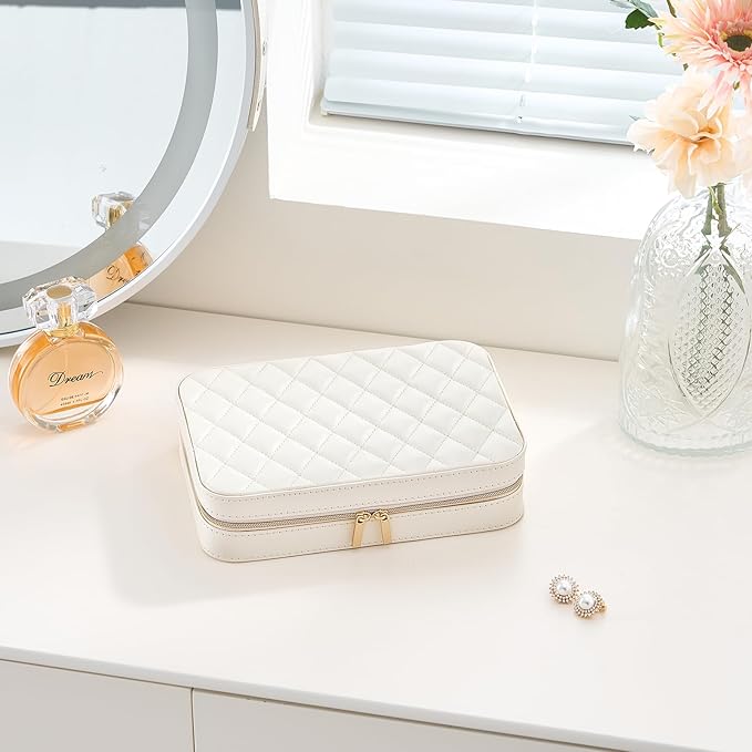 Lolalet Travel Jewelry Case for Women Girls, Travel Jewelry Organizer Box with Mirror & Clear Storage Bag, Small Portable Earring Necklace Bracelet Ring Case, Birthday Christmas Gifts -Medium, White