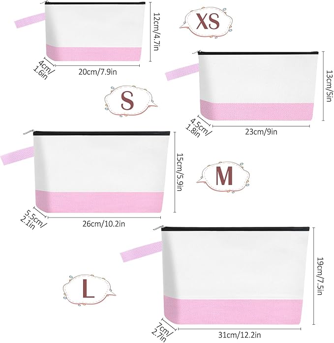 10 Pieces Cotton Canvas Makeup Bag with Bottom and Strap, Multi-Purpose Cosmetic Bag with Zipper Travel Toiletry Pouch, Blank DIY Craft Bag (White&Pink, L)