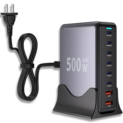 500W GaN USB C Charger Block Charging Station 8 Port Fast Charger Block with Dual 100W PD USB-C Fast Charging Station Hub Compatible with iPhone 17/16 15/14/13/Pro Max/MacBook Pro/Air/All iPad (Black)