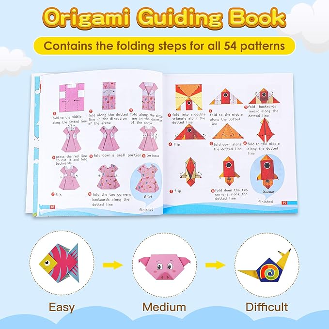 308 Sheets Origami Paper Kit for Kids Ages 5-8 8-12 with Guiding Book DIY Art and Crafts Supplies Kits for Girls and Boys Square Easy Fold Paper Travel Activities Birthday Christmas Gifts