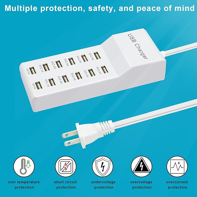 Multiple USB Charger Station Block 12 multiport Charger Station Hub with Fast Charging Wall Charger for Multiple Devices USB Charging Port Compatible with Cell iPhone Android Smartphone Smart Watch