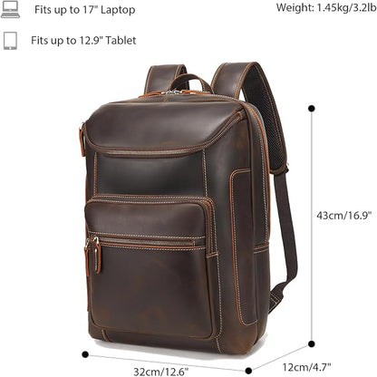 LANNSYNE Full Grain Leather Backpack For Men, 17" Laptop Backpack, Casual Outdoor Business Travel Rucksack, YKK Zippers