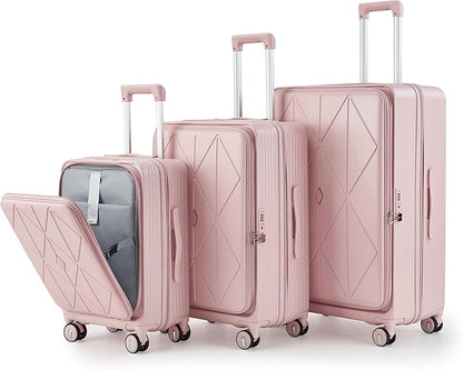 Merax Luggage Sets 3 Piece,Front Open PC Hardshell Expandable Carry on Suitcase with Spinner Wheels and TSA Lock,Lightweight 20in/24in/28in Luggage,Pink-1