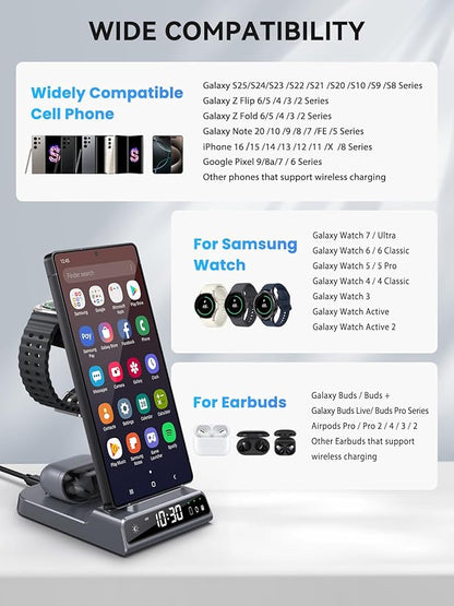 Wireless Charger for Samsung Charging Station with Clock for Samsung Galaxy S25 Ultra/S24/Z Fold 7/Flip 7/6/Bud, 3 in 1 Android Charging Station, Watch Charger for Samsung Galaxy Watch 8/7/6/5 (Grey)