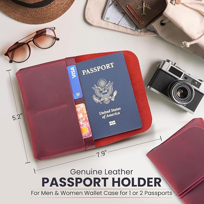 Leather Passport Holder with Travel Wallet, Genuine Leather Passport Cover- Passport Wallet, Leather Folding Wallet for Passports (Strap, Red)