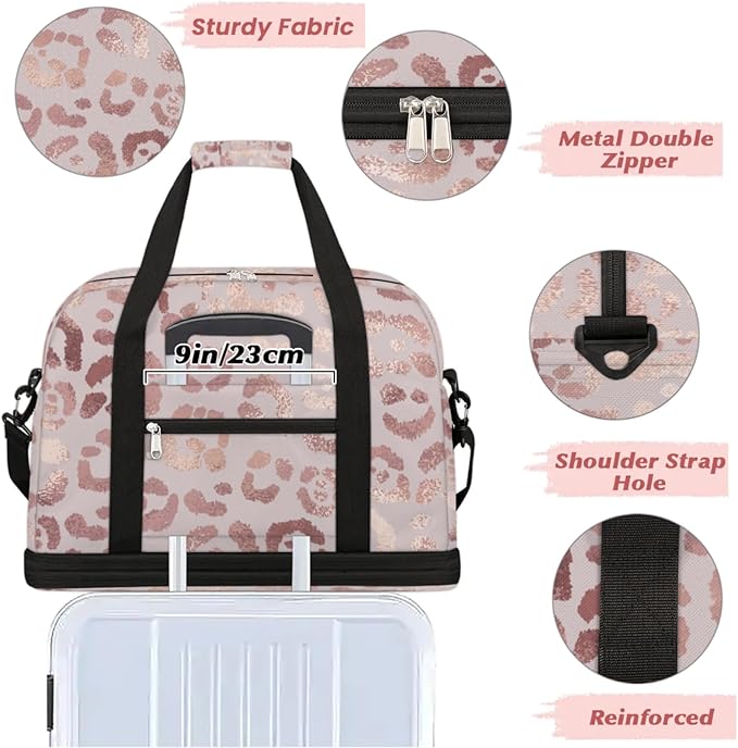 Leopard Print Foldable Travel Duffel Bag, Expandable Sports Gym Bag with Shoes Compartment Weekender Overnight Totes Bags for Women Men