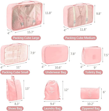 8 Set Packing Cubes, Travel Luggage Packing Organizers (PINK)