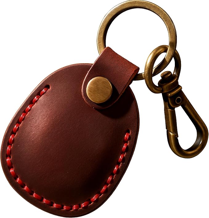 Genuine Leather Airtag Holder, Portable Air Tag Keychain with Key Rings Full Coverage Air Tags Hidden Case Cover Compatible for AirTags Red