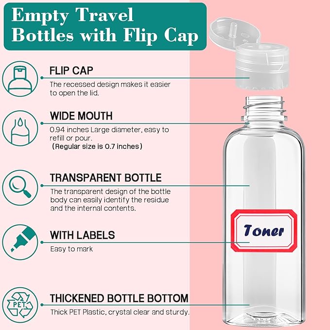100 Pack Empty 3.4 oz Travel Bottles Tsa Approved Leakproof Plastic Squeezable Small Bottles for Toiletries Liquids Travel Essentials with Black Flip Cap