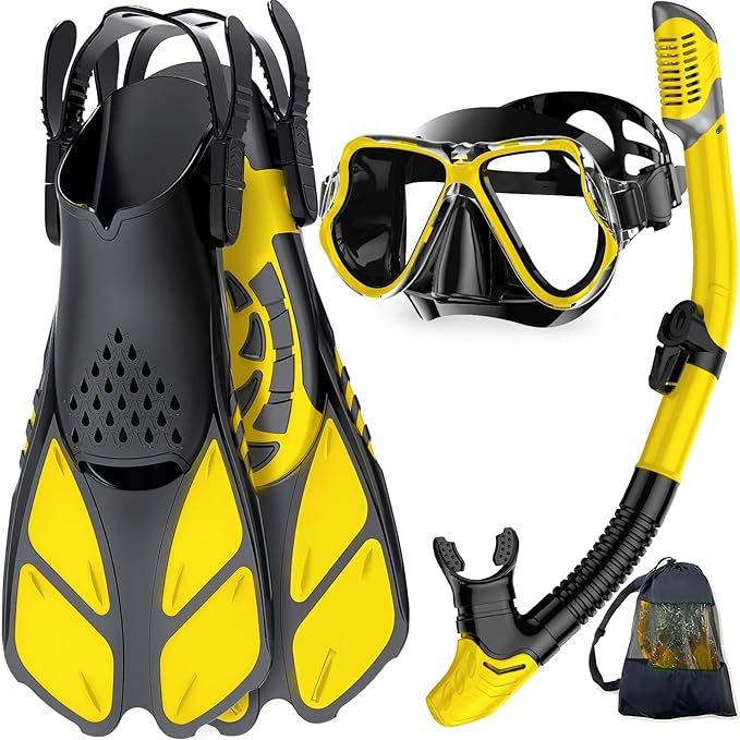 Zenoplige Mask Fins Snorkel Set, Snorkeling Gear for Adults, Panoramic View Snorkel Mask Anti-Fog, Adjustable Dive Flippers, Dry Top Snorkel and Travel Bag, Scuba Gear for Swimming Snorkeling Diving