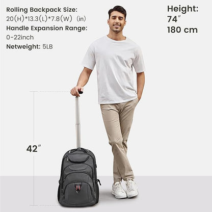 Boavan Rolling Backpack,17 inch Water Resistant Wheeled Backpack,Carry on Luggage Business Bag, Overnight College Computer bag Trolley Suitcase for Men Women Adults to Travel，Grey