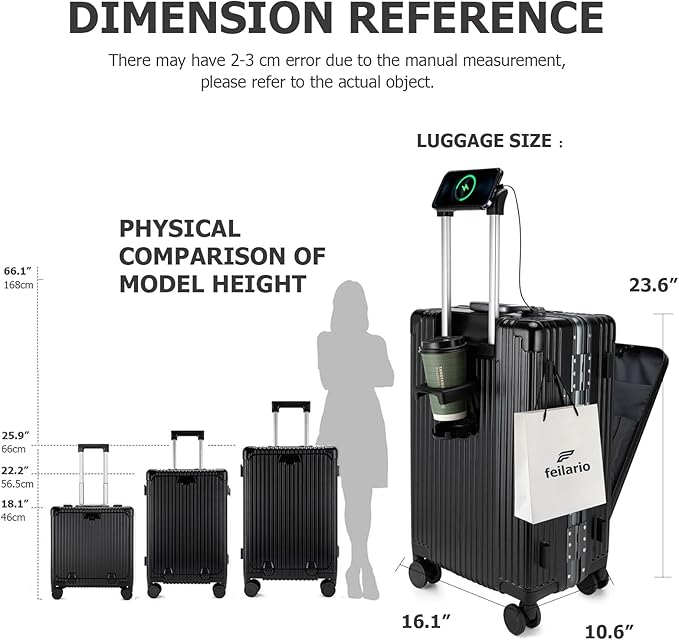 feilario 24in Aluminium Frame Zipperless PC Hard Shell Spinner Wheels Luggage, Built-In TSA lock Carry on Suitcase, with Cup Holder, USB Port, Phone Holder