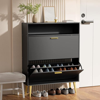 JOZZBY Shoe Cabinet for Entryway, Narrow Shoe Storage Cabinet with 2 Flip Drawers, Freestanding Hidden Shoe Rack Storage with Open Shelves for Hallway, Living Room, Set of 2, Black