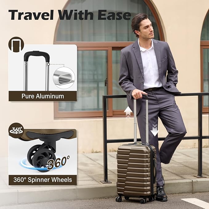 Coolife 20-Inch Small Carry on Hardside PC+ABS Spinner TSA Lock Telescopic Luggage Handle（20in-brown）