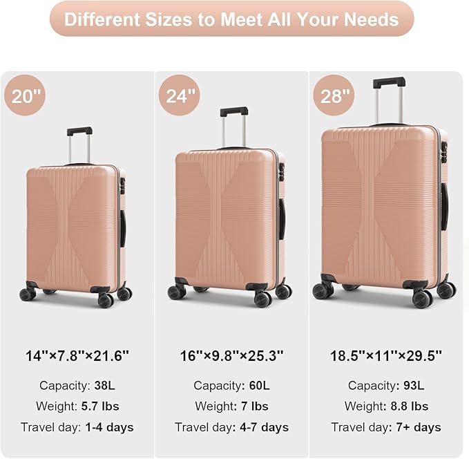 Karl home 24" Check-in Luggage, PP Hardside Checked Medium Suitcase with Wheels, Waterproof Durable Rolling Luggage with Built-in Lock for Travel Business, Light Pink