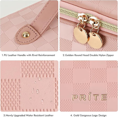 Prite Makeup Bag for Women Travel Waterproof Vegan Leather Cosmetic Bag Open Flat Toiletry Bag With Clear Divider and Handle (Plaid Pink)