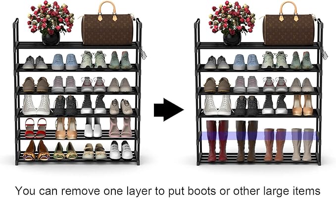 6 Tiers Metal Shoe Rack,Adjustable Shoe Shelf Storage Organizer with Hooks,Stackable Boot & Shoe Storage,for Entryway,Hallway,Closet,Black