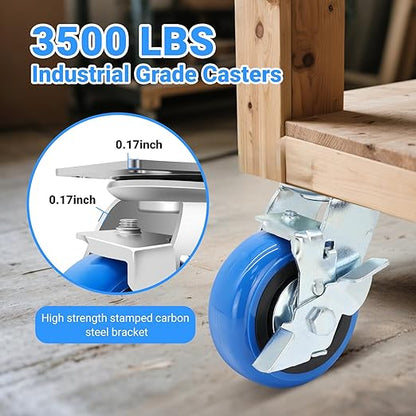 W B D WEIBIDA 5 Inch Heavy Duty Casters Set of 4, Smooth Rolling Caster Design for Cart Wheels, 3500 LBS Industrial Grade Castors with Upgraded Thickened Bracket, Durable Castors (2 Brake & 2 Rigid)
