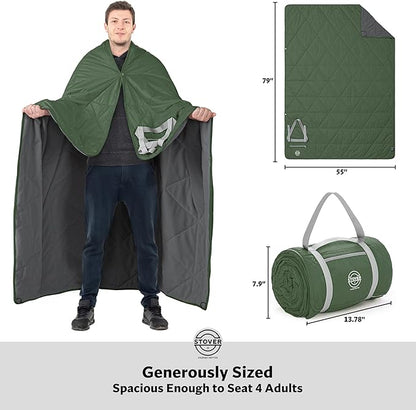 STOVER Large Waterproof Outdoor Stadium Blanket- Extra Thick Soft Fleece Camping Blanket for Travel, Picnics, Sports, Dogs 79"x55", Warm, Windproof, Sand-Proof, Lightweight, Packable (Game Day Green)