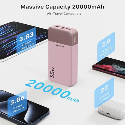 J2651 Portable Charger, 35W 20000mAh USB C in & Out Power Bank, Battery Pack with QC4.0+PD3.0 35W High-Speed Charging for Bluetooth Earbud, Mobile Phone, Tablet (Pink)