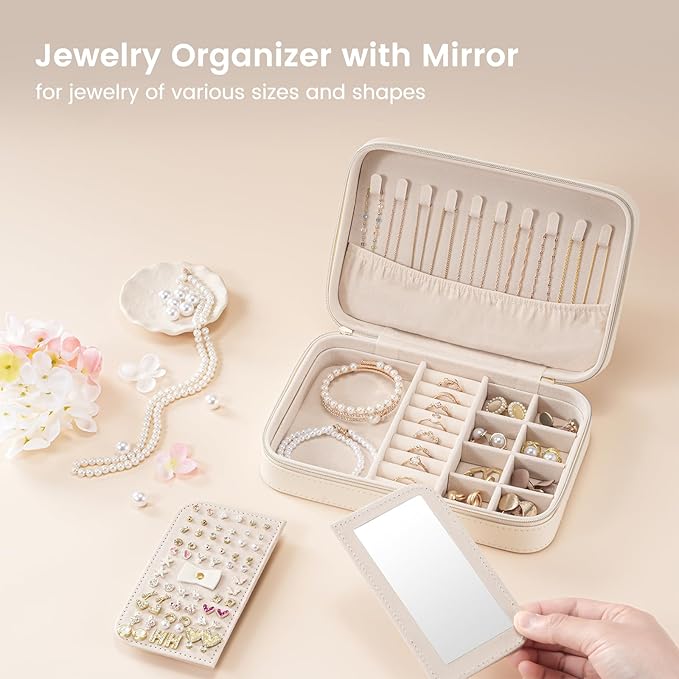 Lolalet Travel Jewelry Case for Women Girls, Travel Jewelry Organizer Box with Mirror & Clear Storage Bag, Small Portable Earring Necklace Bracelet Ring Case, Birthday Christmas Gifts -Medium, White