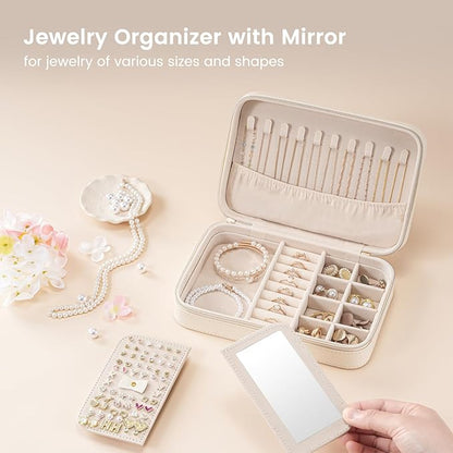 Lolalet Travel Jewelry Case for Women Girls, Travel Jewelry Organizer Box with Mirror & Clear Storage Bag, Small Portable Earring Necklace Bracelet Ring Case, Birthday Christmas Gifts -Medium, White
