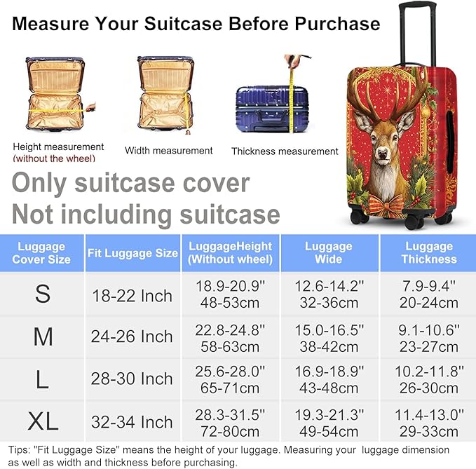 Vintage Plaid Christmas Luggage Cover - Red Tartan with Golden Deer and Holly, Classic Stretchable Suitcase Cover 32 34 Inch