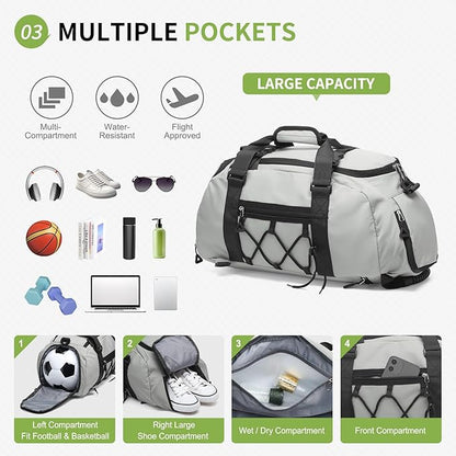 Unisex Travel Duffle Bag for Men Women, Waterproof Gym Bag with Shoe Compartment & Football Compartment, 32L Carry on Bag for Sports & Fitness, Light Gray